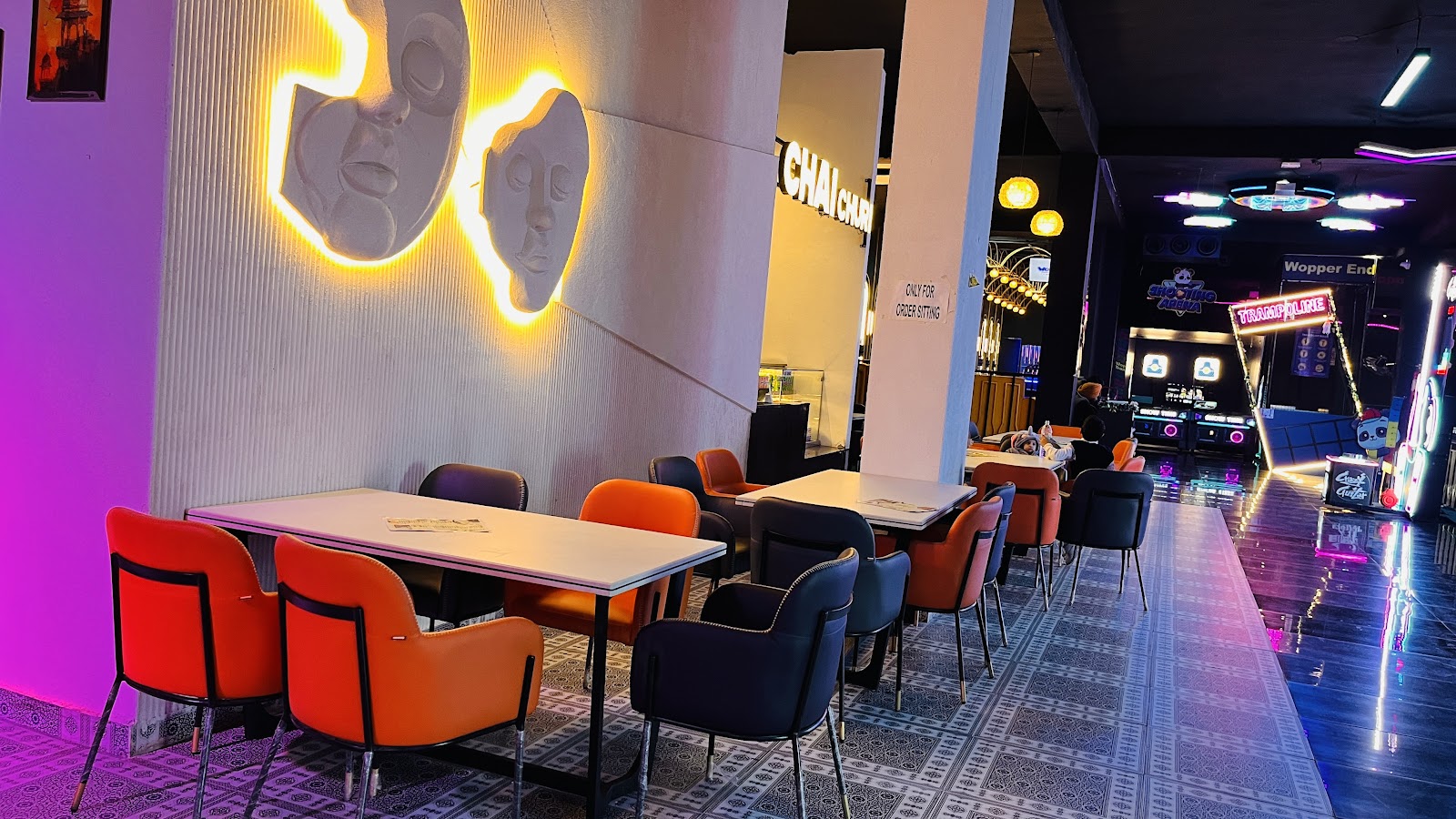 Comfortable cafe and dining seating in the arena
